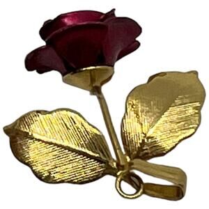 Deep Red Rose Golden Leaf Pendant